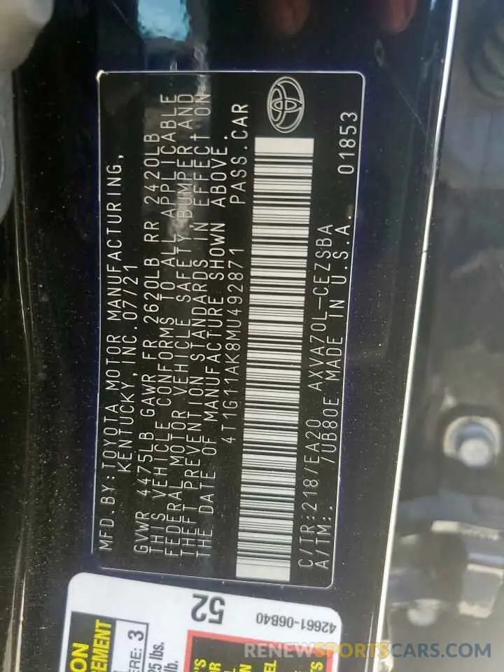 12 fotografías del automóvil dañado 4T1G11AK8MU492871 TOYOTA CAMRY 2021