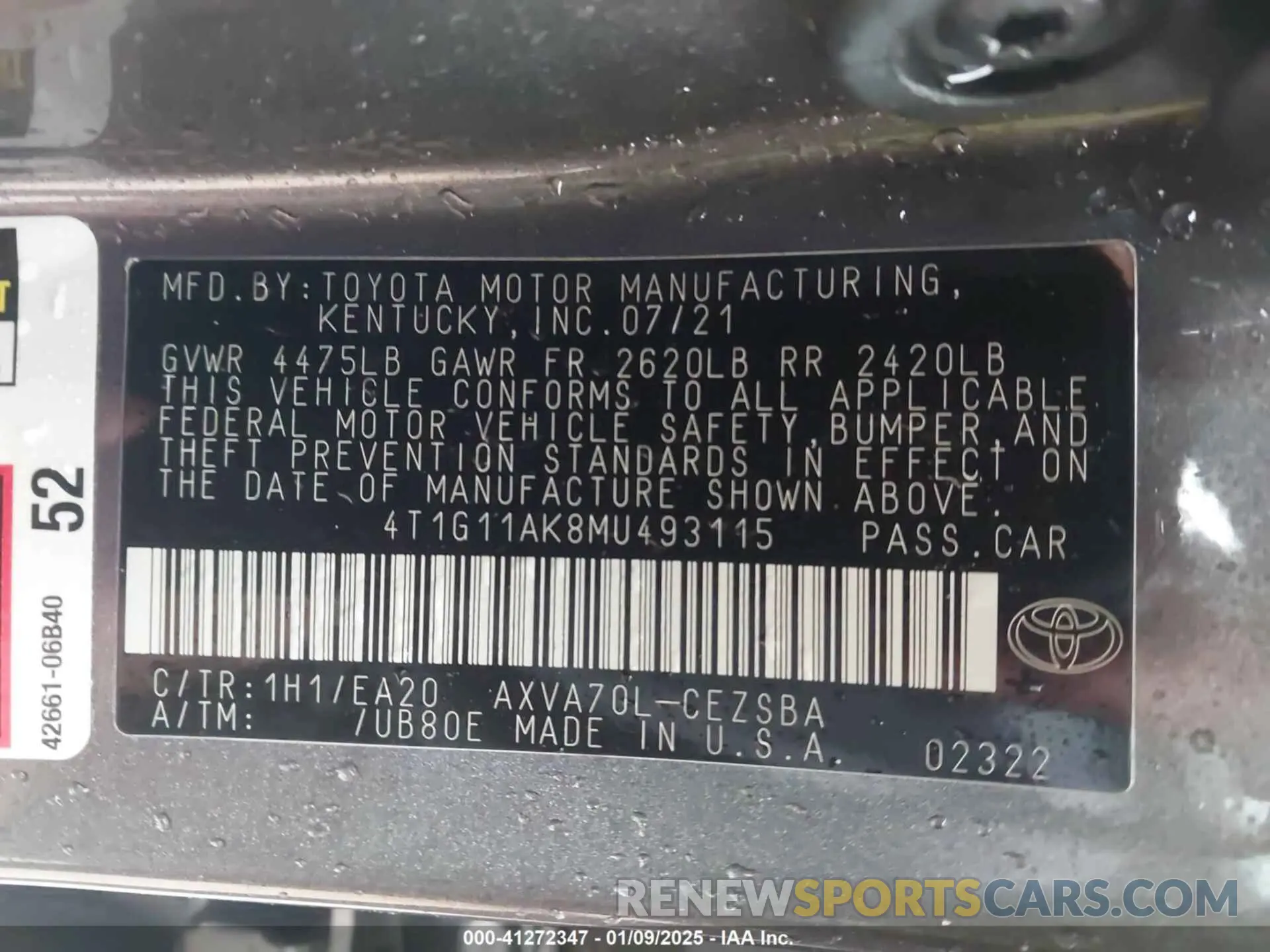 9 fotografías del automóvil dañado 4T1G11AK8MU493115 TOYOTA CAMRY 2021