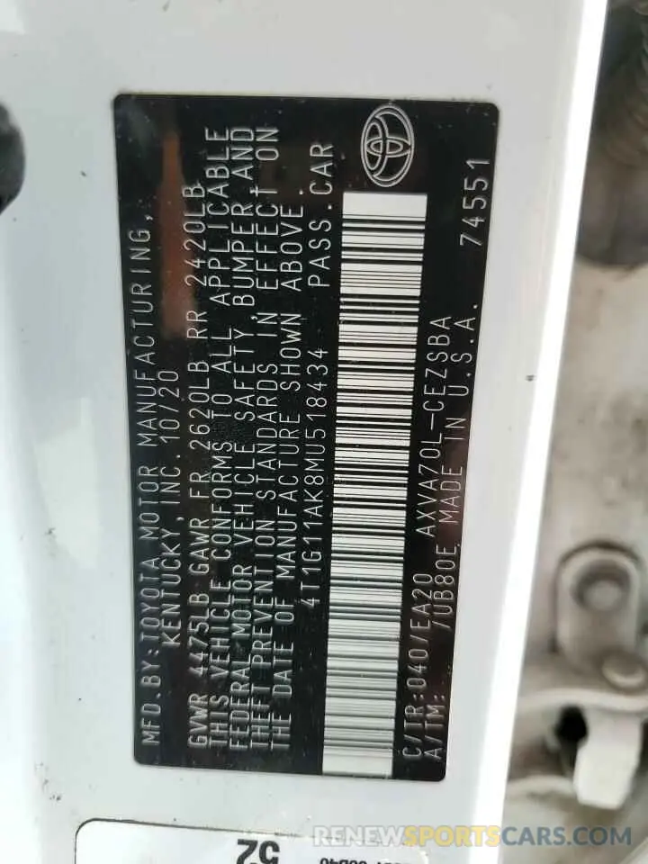 12 fotografías del automóvil dañado 4T1G11AK8MU518434 TOYOTA CAMRY 2021