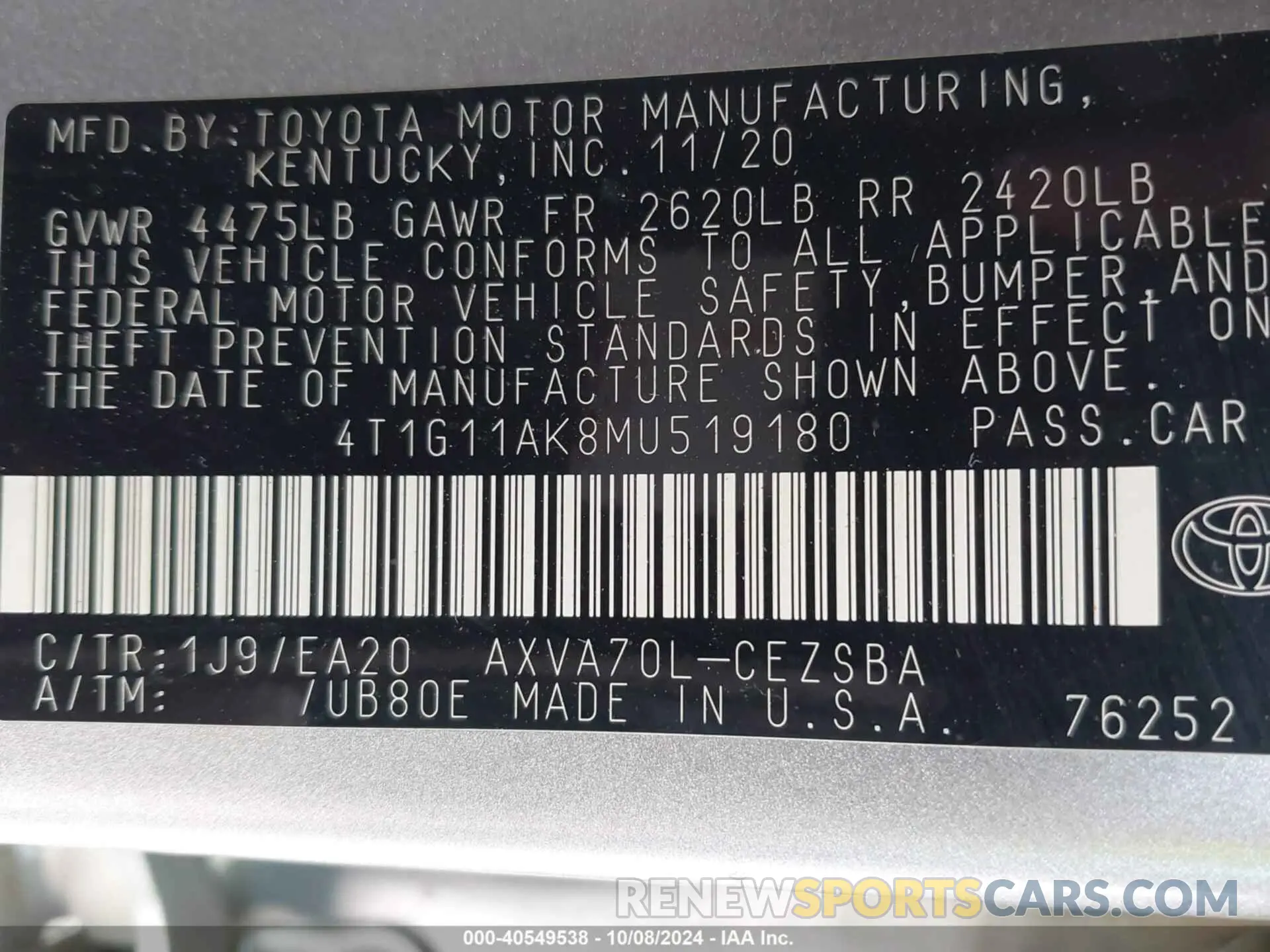 9 fotografías del automóvil dañado 4T1G11AK8MU519180 TOYOTA CAMRY 2021