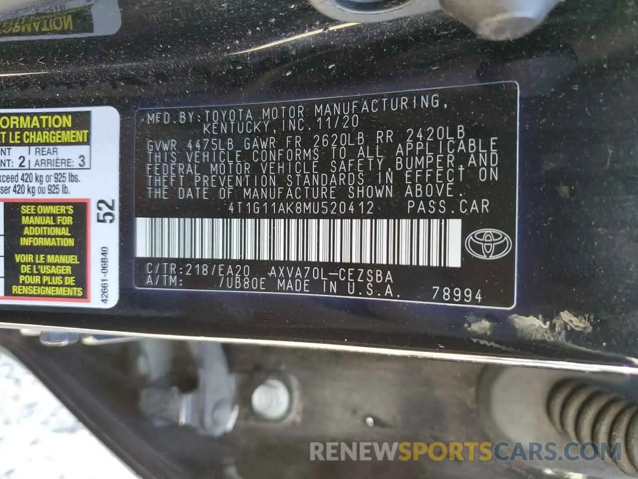 13 fotografías del automóvil dañado 4T1G11AK8MU520412 TOYOTA CAMRY 2021