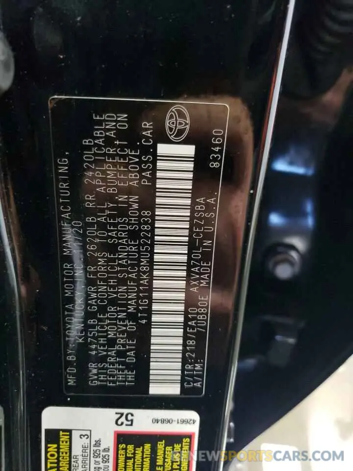 12 fotografías del automóvil dañado 4T1G11AK8MU522838 TOYOTA CAMRY 2021