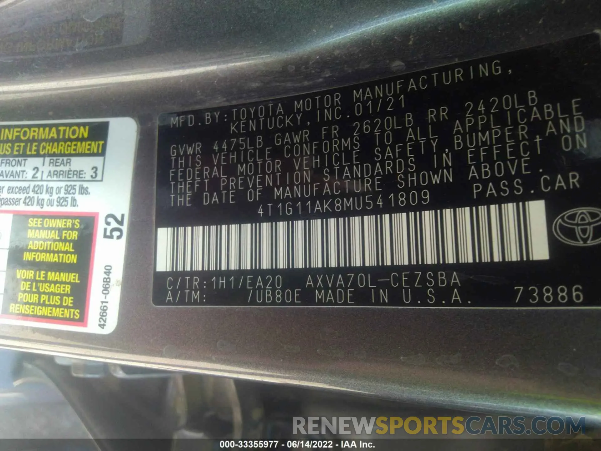 9 fotografías del automóvil dañado 4T1G11AK8MU541809 TOYOTA CAMRY 2021
