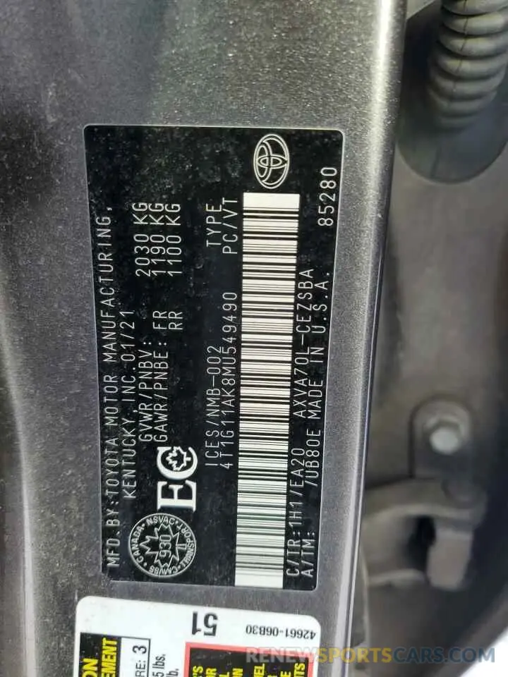 12 fotografías del automóvil dañado 4T1G11AK8MU549490 TOYOTA CAMRY 2021
