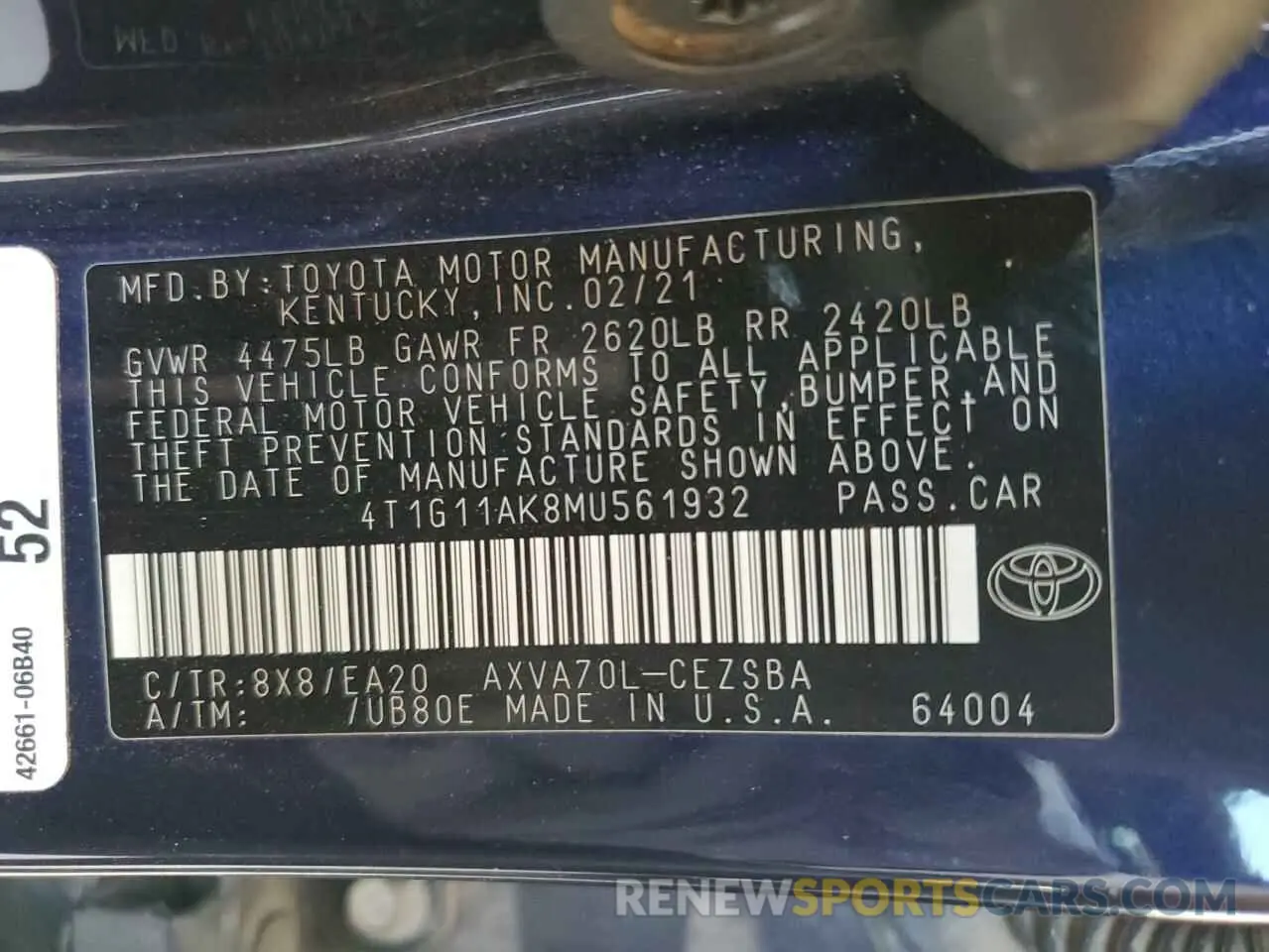 12 fotografías del automóvil dañado 4T1G11AK8MU561932 TOYOTA CAMRY 2021