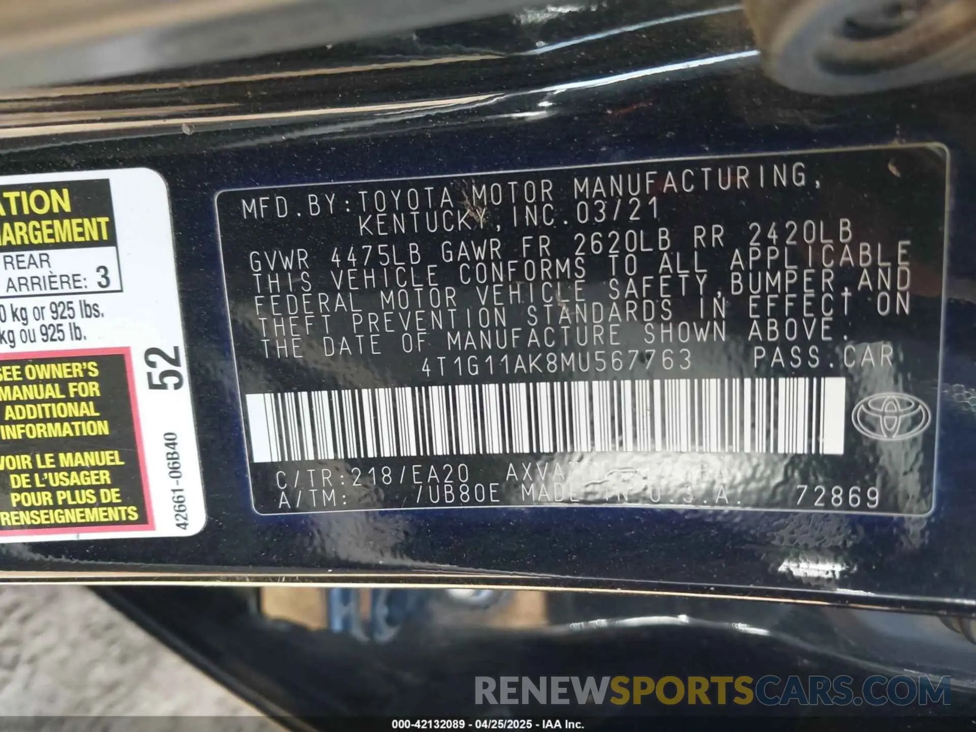9 fotografías del automóvil dañado 4T1G11AK8MU567763 TOYOTA CAMRY 2021