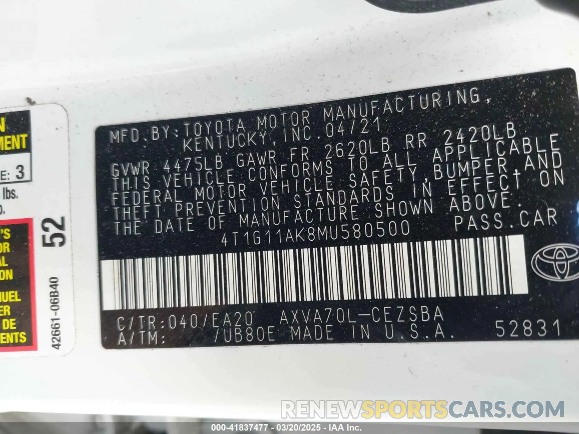 9 fotografías del automóvil dañado 4T1G11AK8MU580500 TOYOTA CAMRY 2021