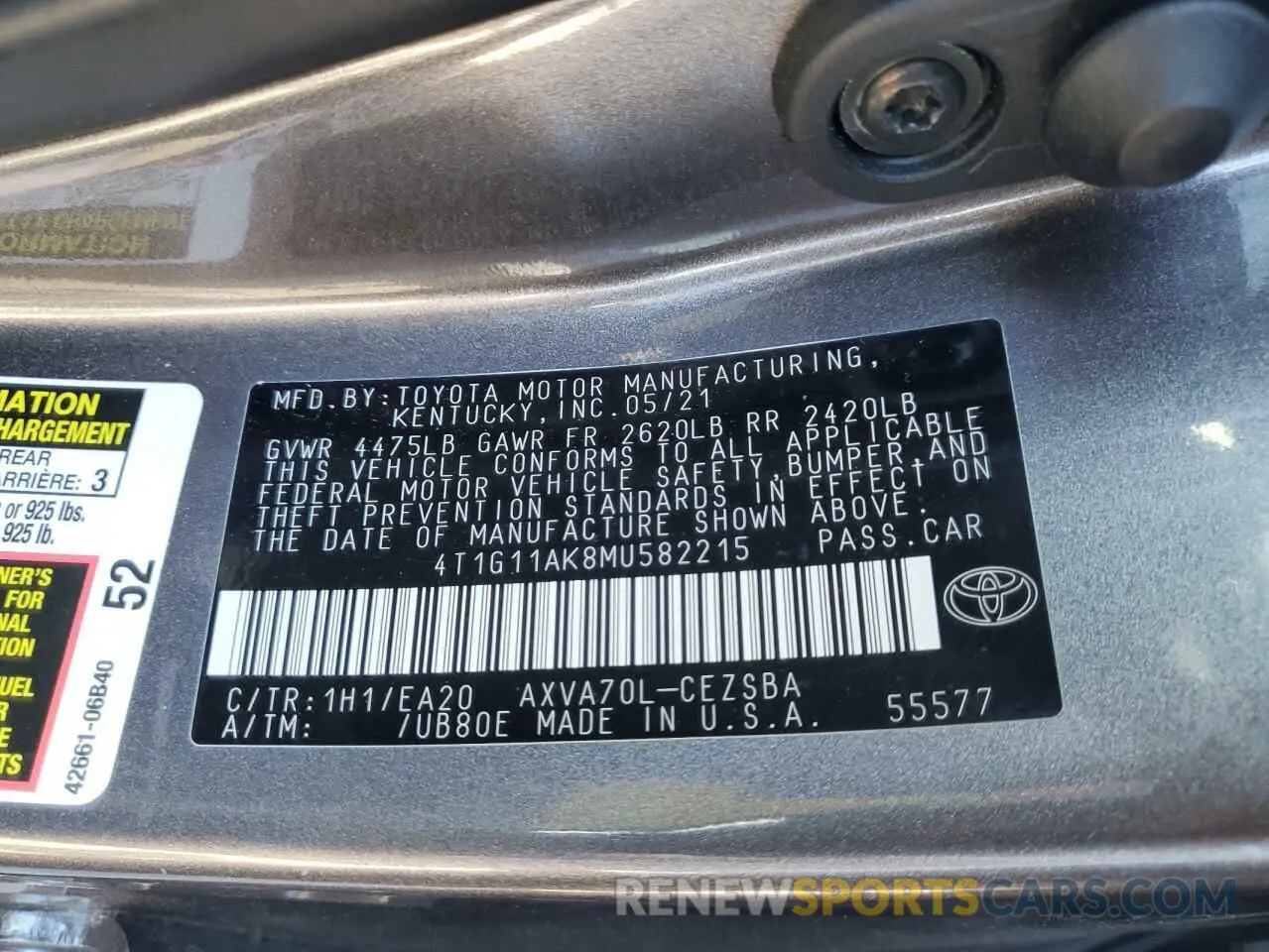 12 fotografías del automóvil dañado 4T1G11AK8MU582215 TOYOTA CAMRY 2021