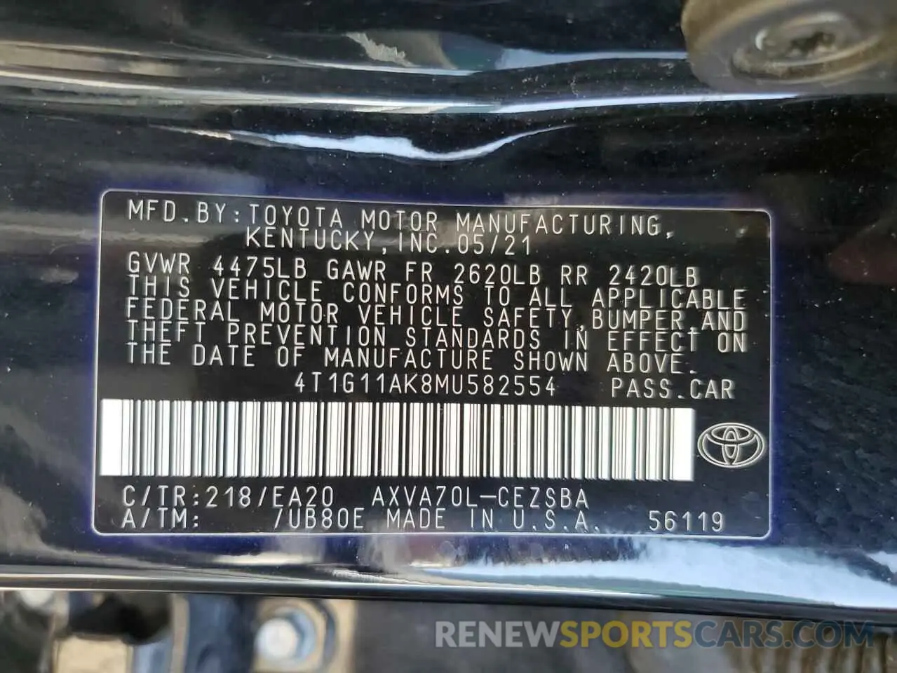14 fotografías del automóvil dañado 4T1G11AK8MU582554 TOYOTA CAMRY 2021
