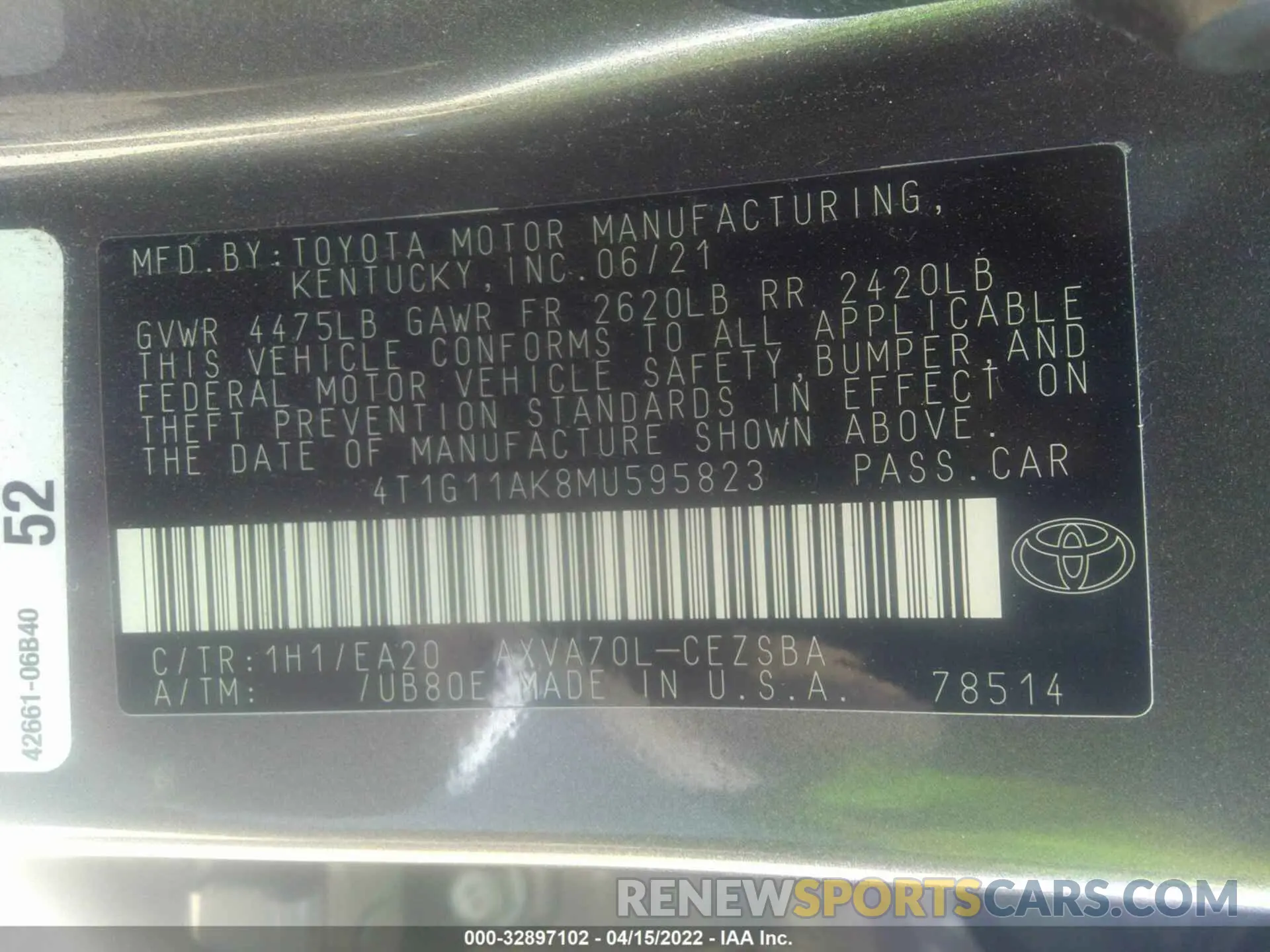 9 fotografías del automóvil dañado 4T1G11AK8MU595823 TOYOTA CAMRY 2021
