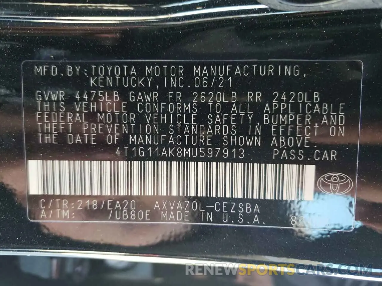 10 fotografías del automóvil dañado 4T1G11AK8MU597913 TOYOTA CAMRY 2021