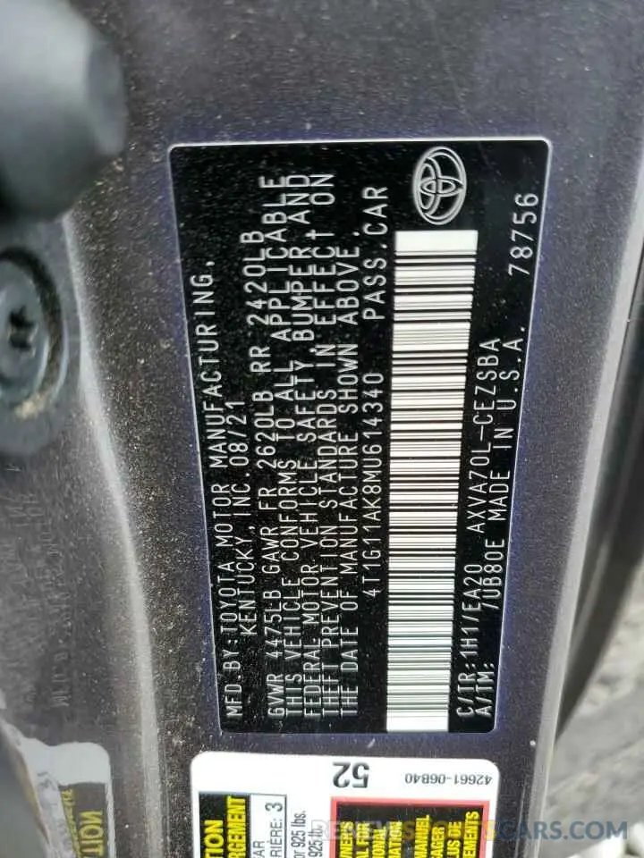12 fotografías del automóvil dañado 4T1G11AK8MU614340 TOYOTA CAMRY 2021