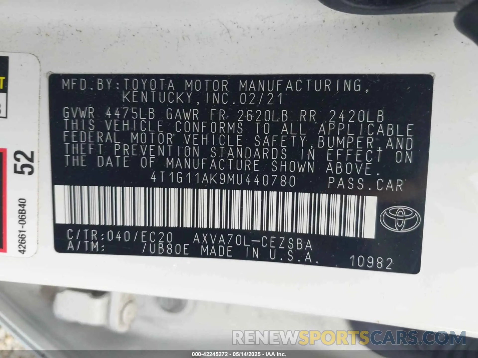 9 fotografías del automóvil dañado 4T1G11AK9MU440780 TOYOTA CAMRY 2021
