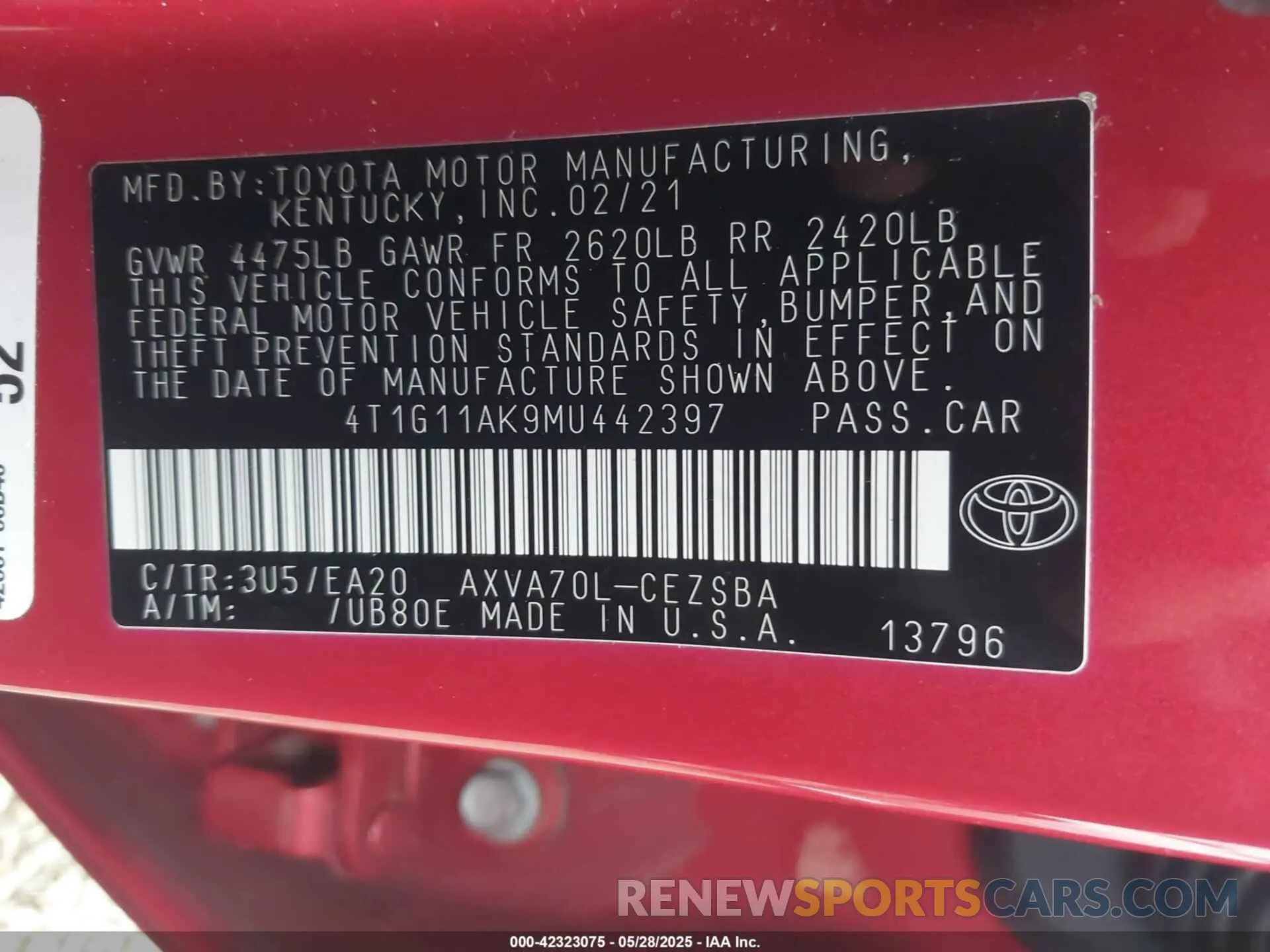 9 fotografías del automóvil dañado 4T1G11AK9MU442397 TOYOTA CAMRY 2021