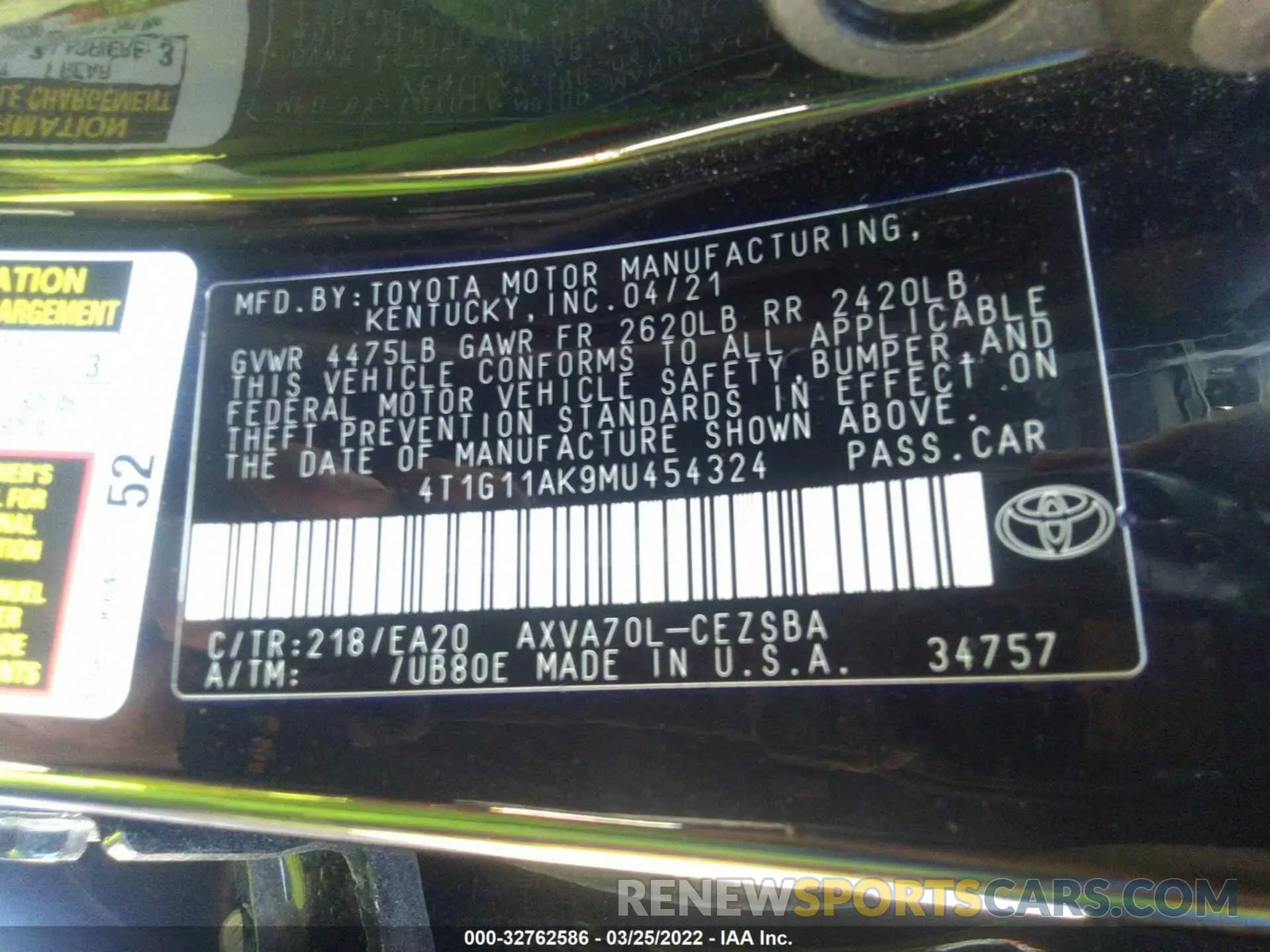 9 fotografías del automóvil dañado 4T1G11AK9MU454324 TOYOTA CAMRY 2021