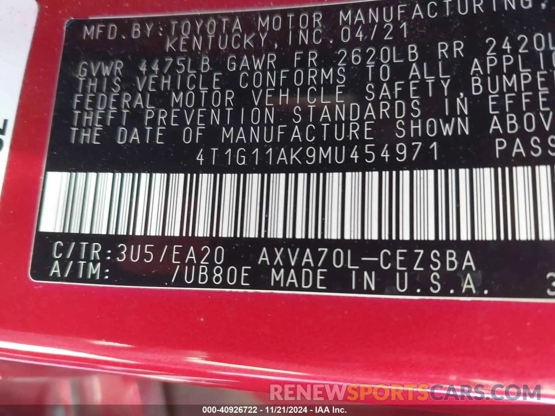 9 fotografías del automóvil dañado 4T1G11AK9MU454971 TOYOTA CAMRY 2021