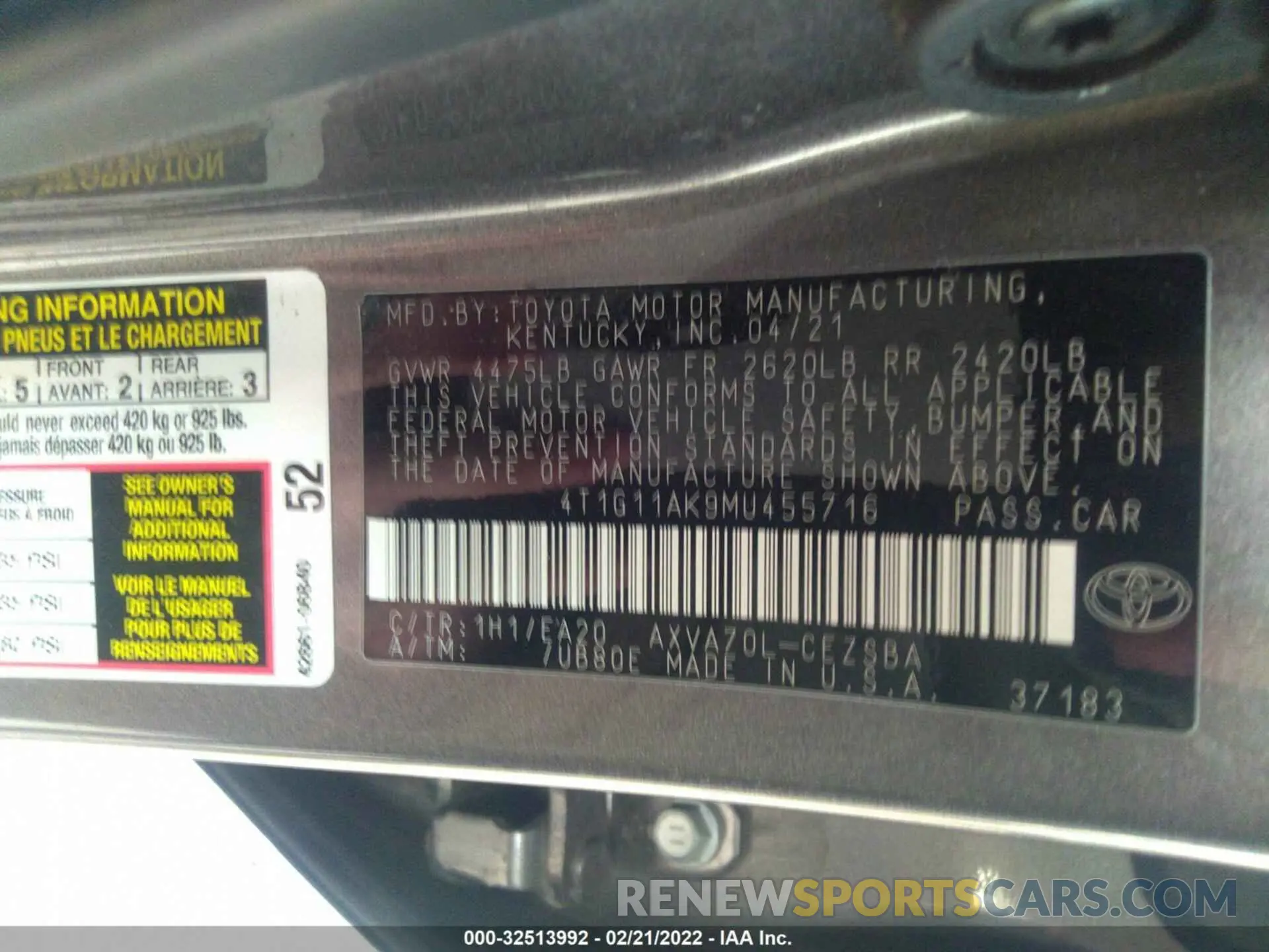 9 fotografías del automóvil dañado 4T1G11AK9MU455716 TOYOTA CAMRY 2021