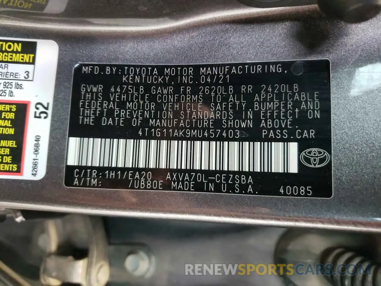 12 fotografías del automóvil dañado 4T1G11AK9MU457403 TOYOTA CAMRY 2021