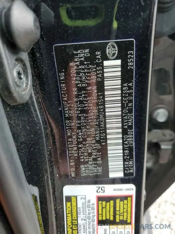 12 fotografías del automóvil dañado 4T1G11AK9MU481541 TOYOTA CAMRY 2021