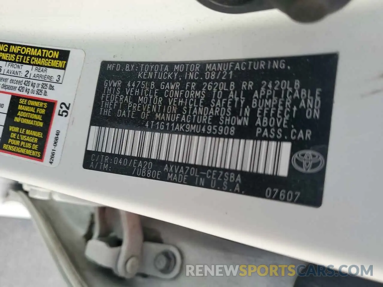 13 fotografías del automóvil dañado 4T1G11AK9MU495908 TOYOTA CAMRY 2021