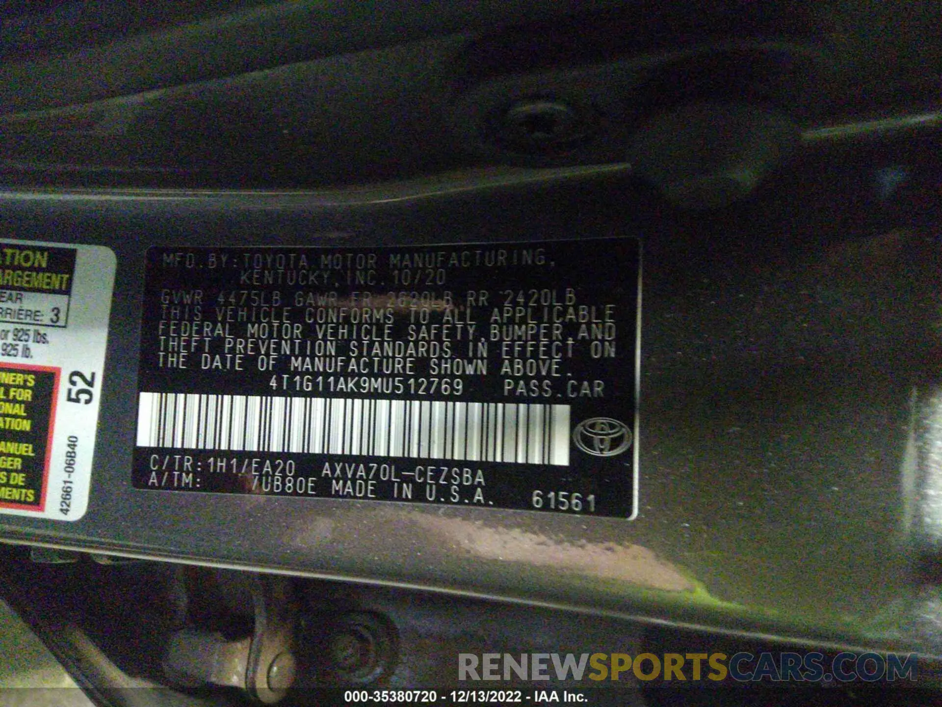 9 fotografías del automóvil dañado 4T1G11AK9MU512769 TOYOTA CAMRY 2021
