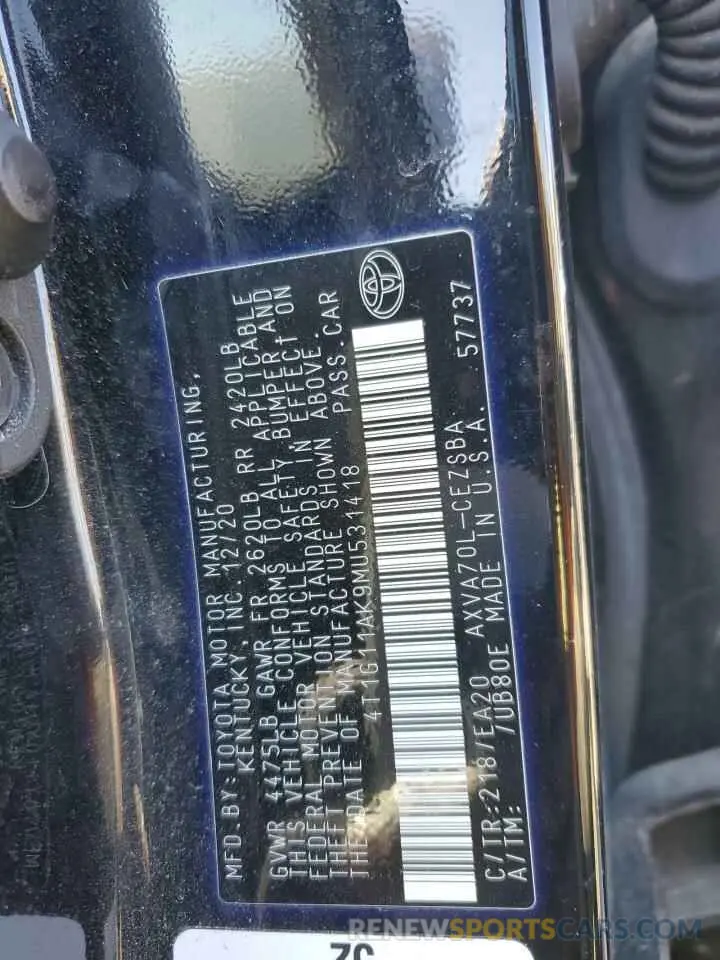12 fotografías del automóvil dañado 4T1G11AK9MU531418 TOYOTA CAMRY 2021