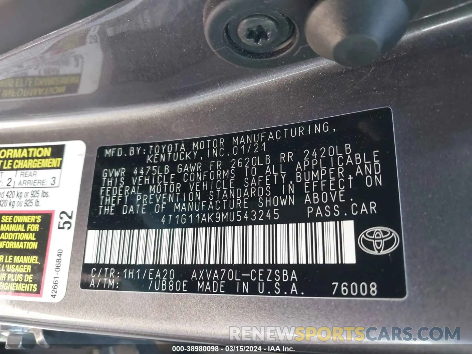 9 fotografías del automóvil dañado 4T1G11AK9MU543245 TOYOTA CAMRY 2021