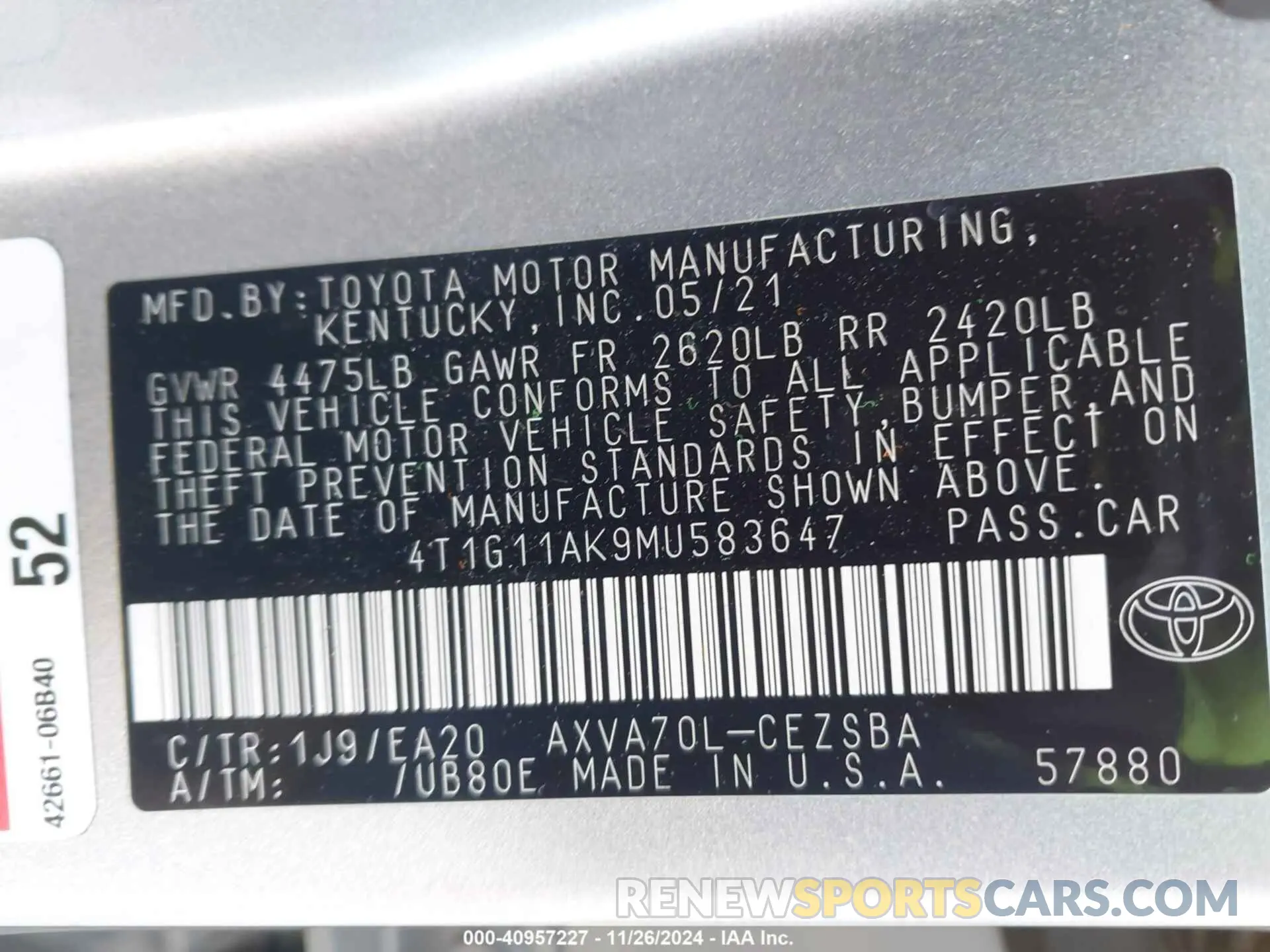 9 fotografías del automóvil dañado 4T1G11AK9MU583647 TOYOTA CAMRY 2021