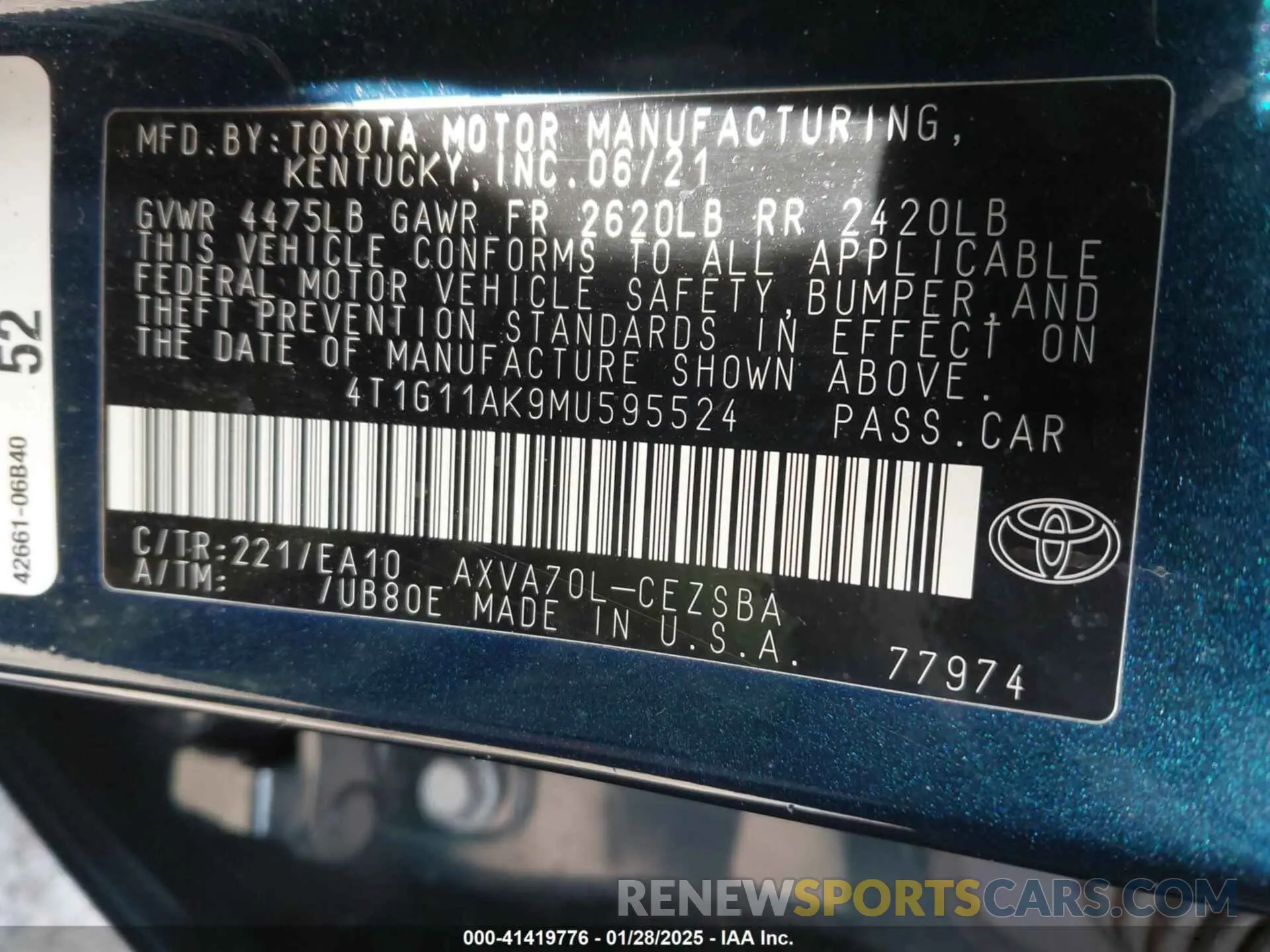 9 fotografías del automóvil dañado 4T1G11AK9MU595524 TOYOTA CAMRY 2021