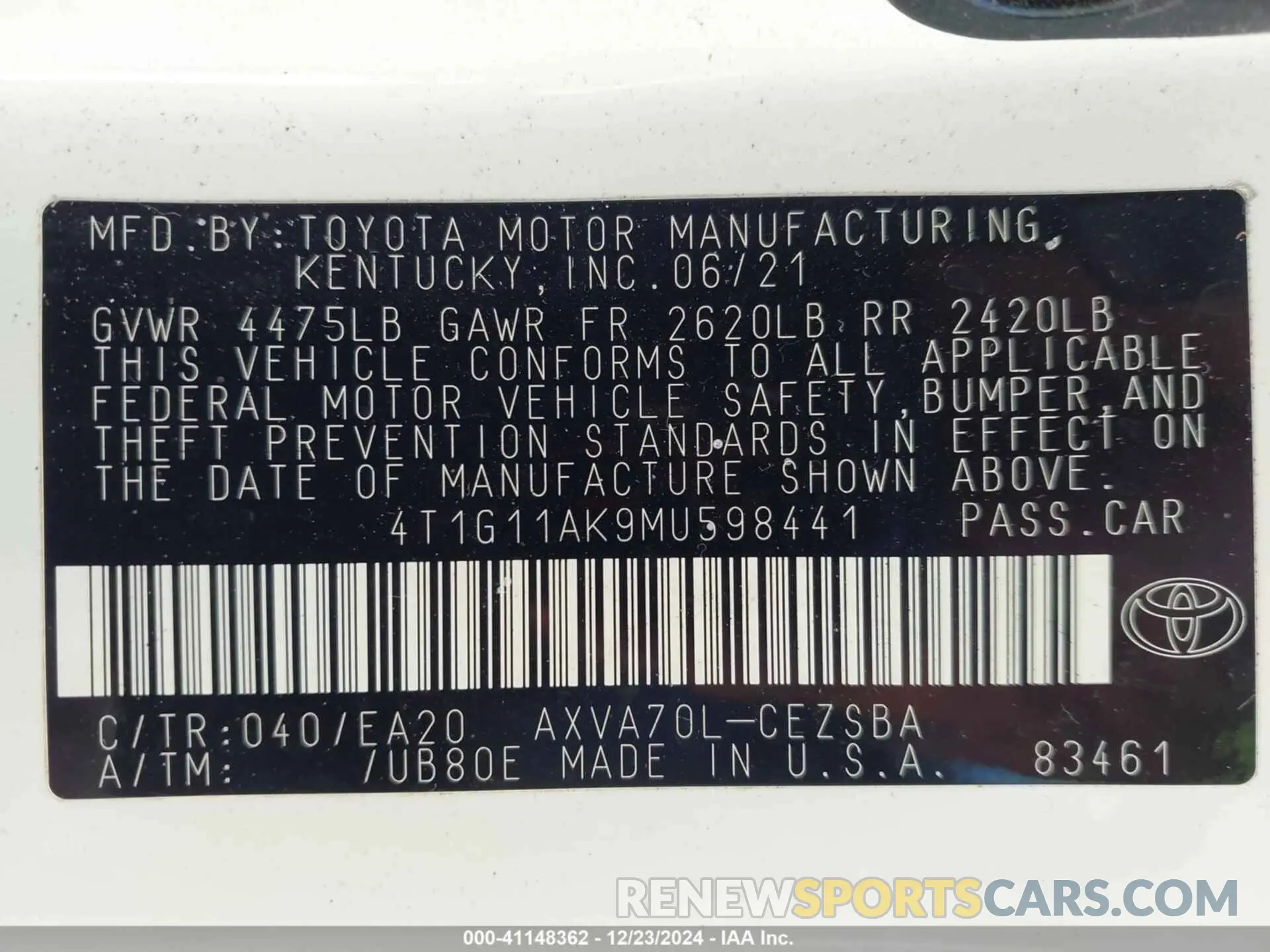9 fotografías del automóvil dañado 4T1G11AK9MU598441 TOYOTA CAMRY 2021