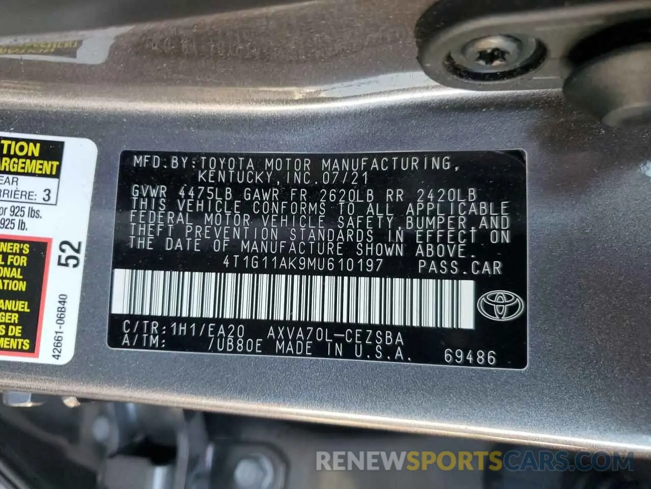 13 fotografías del automóvil dañado 4T1G11AK9MU610197 TOYOTA CAMRY 2021