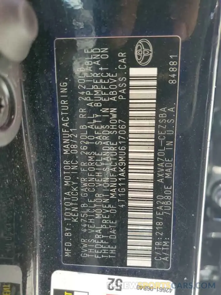 12 fotografías del automóvil dañado 4T1G11AK9MU617067 TOYOTA CAMRY 2021