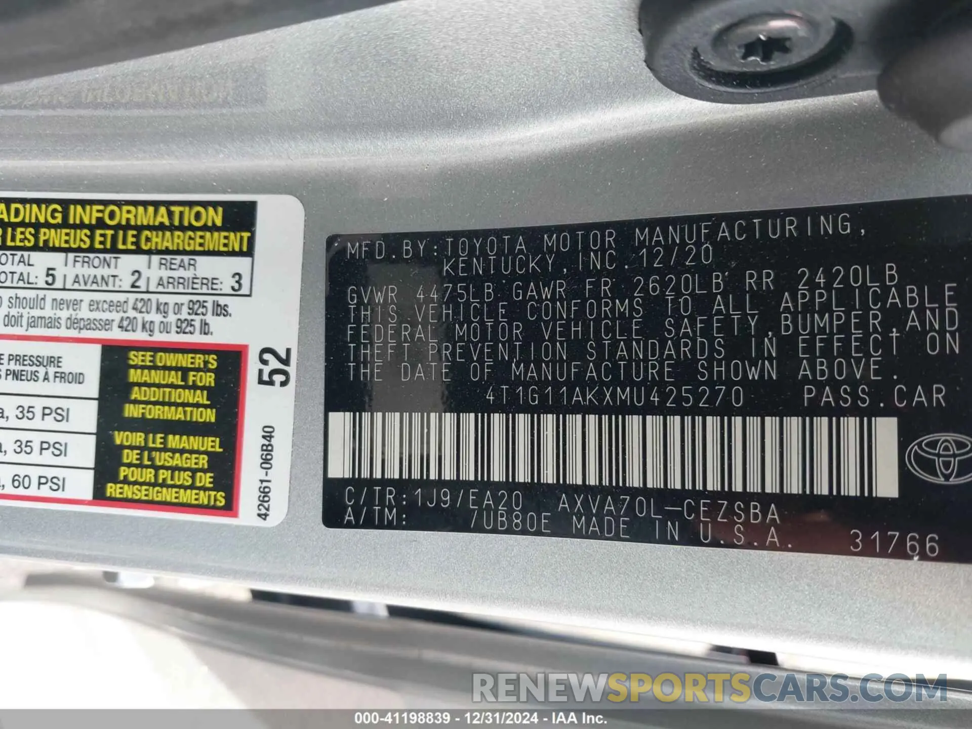 9 fotografías del automóvil dañado 4T1G11AKXMU425270 TOYOTA CAMRY 2021