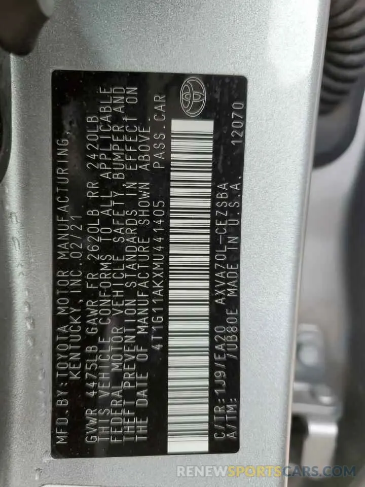 12 fotografías del automóvil dañado 4T1G11AKXMU441405 TOYOTA CAMRY 2021