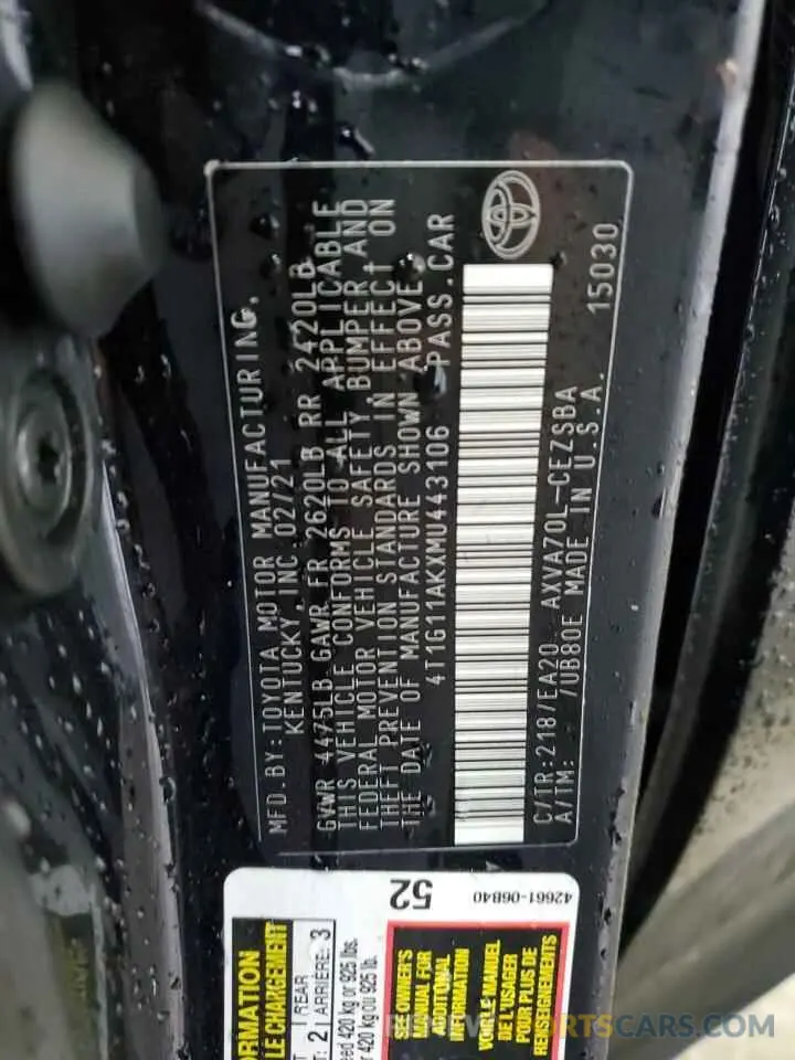 12 fotografías del automóvil dañado 4T1G11AKXMU443106 TOYOTA CAMRY 2021