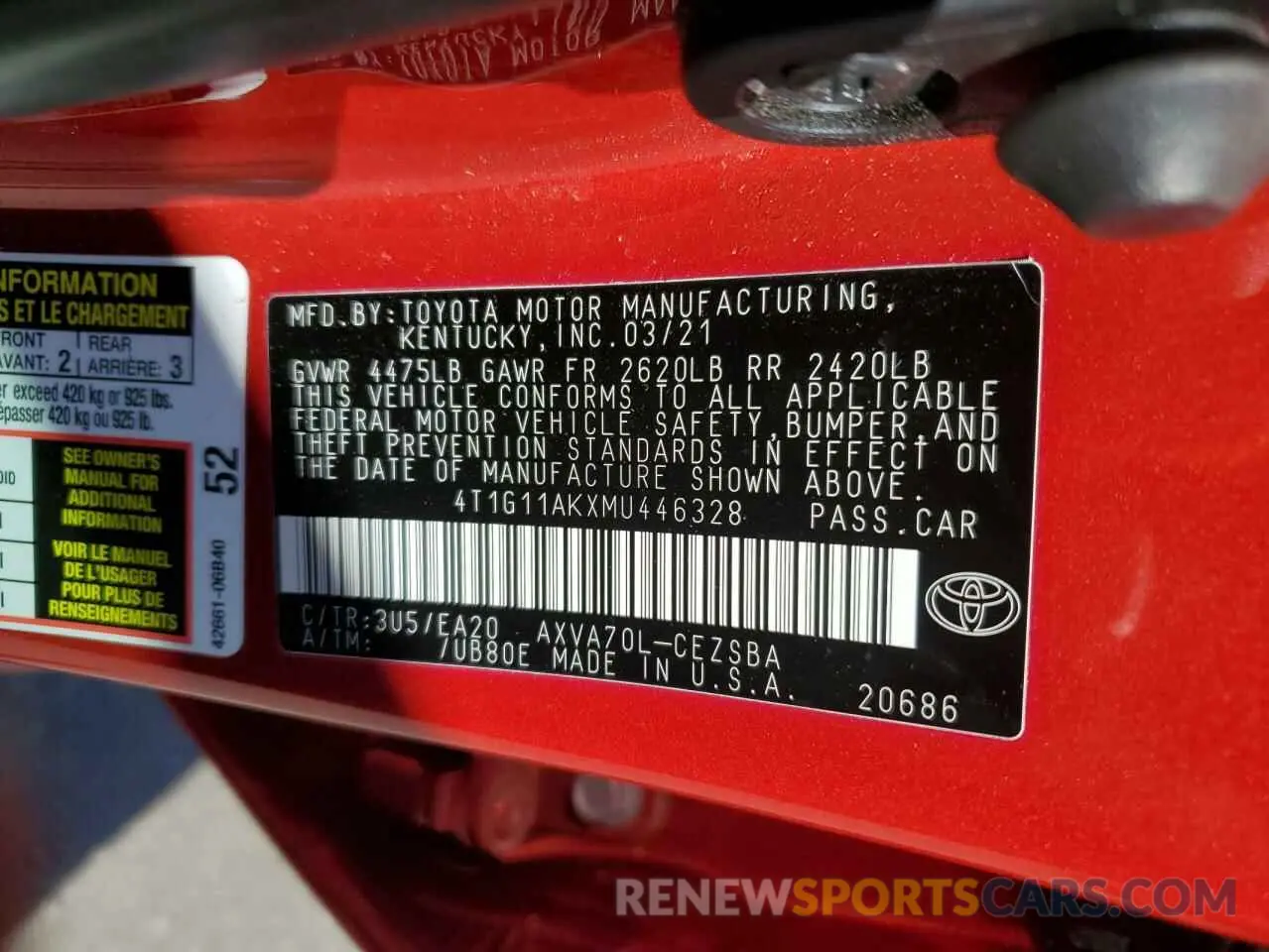 12 fotografías del automóvil dañado 4T1G11AKXMU446328 TOYOTA CAMRY 2021