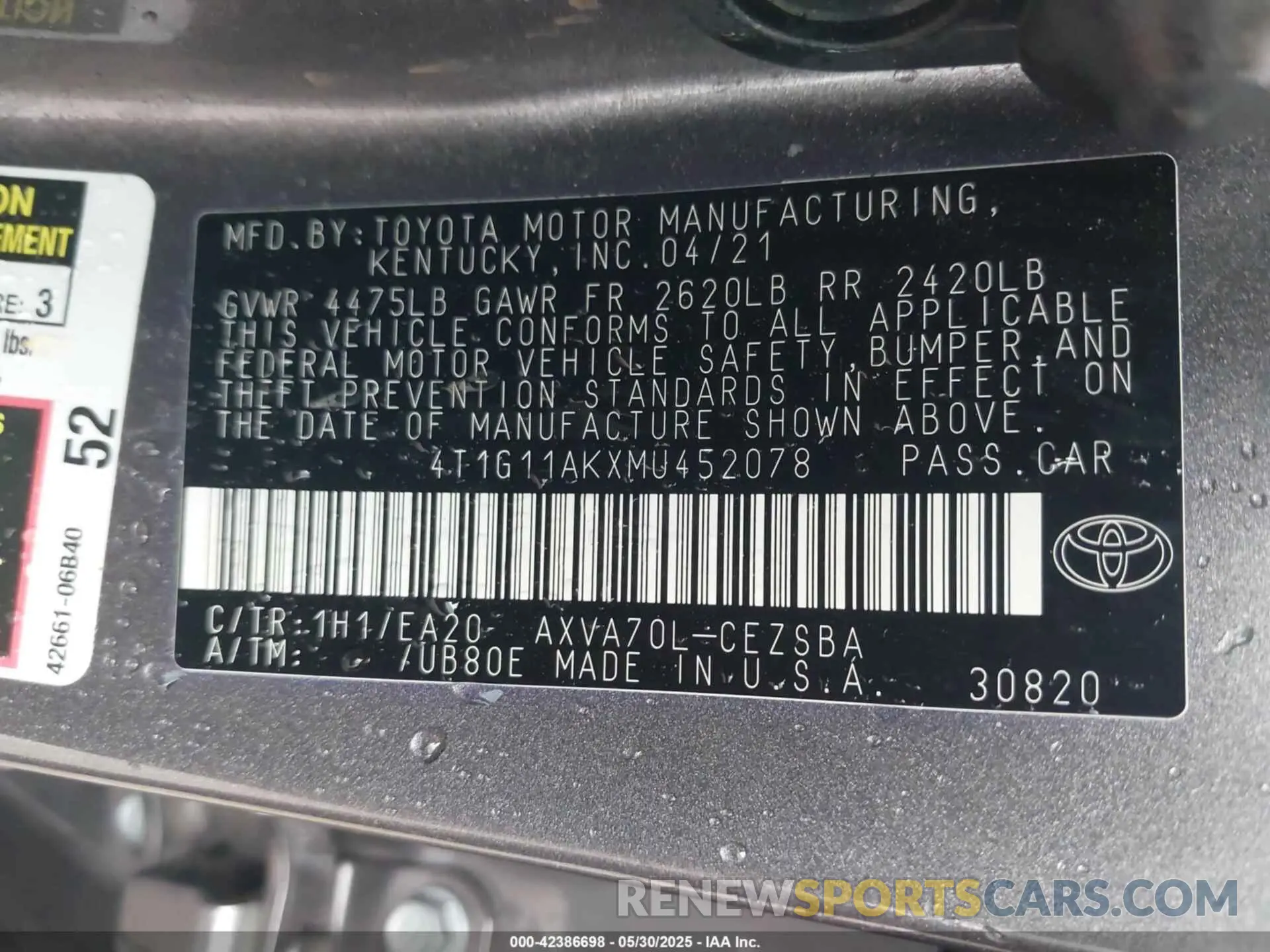 9 fotografías del automóvil dañado 4T1G11AKXMU452078 TOYOTA CAMRY 2021