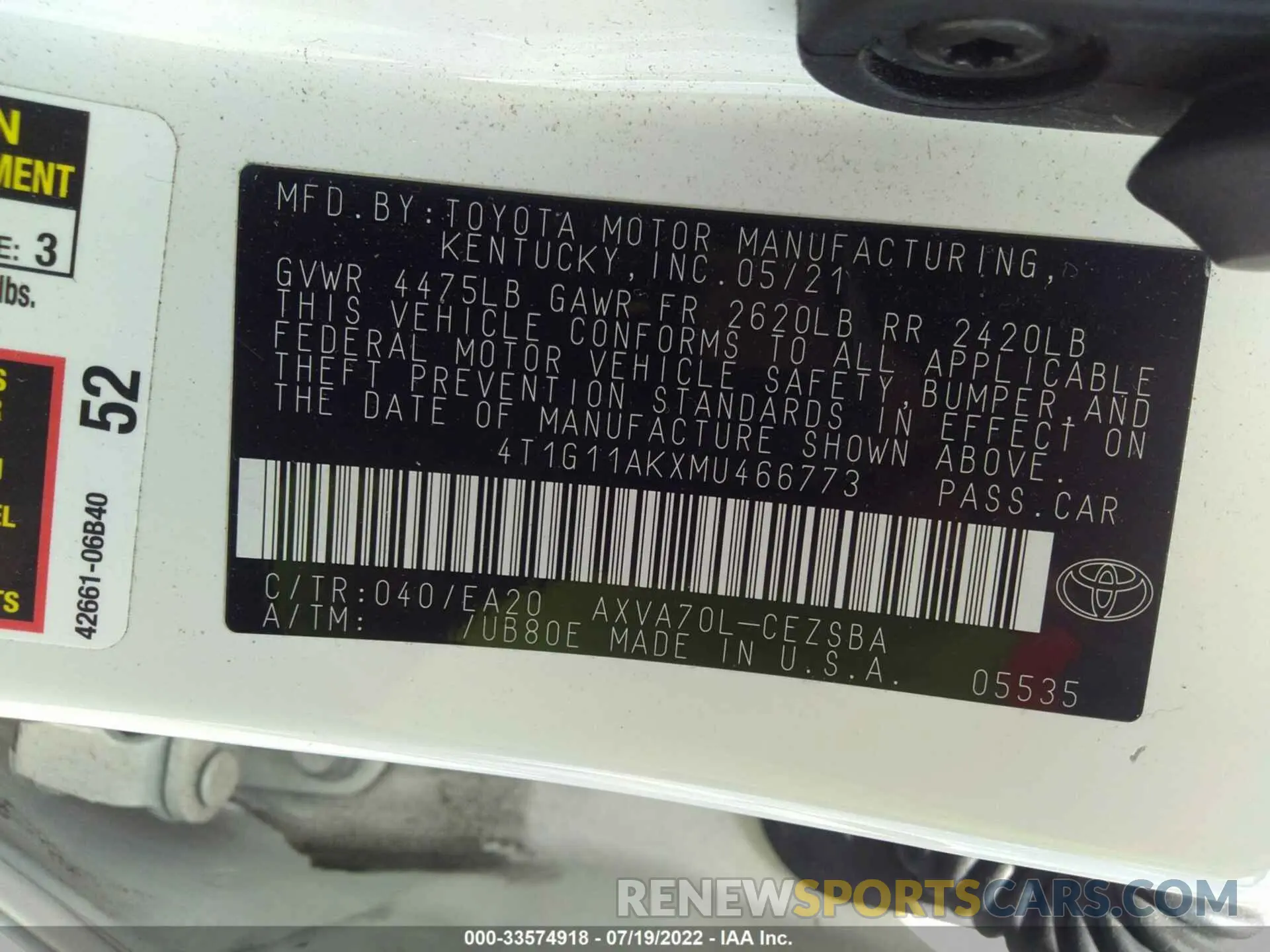 9 fotografías del automóvil dañado 4T1G11AKXMU466773 TOYOTA CAMRY 2021