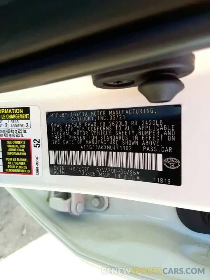 10 fotografías del automóvil dañado 4T1G11AKXMU471102 TOYOTA CAMRY 2021