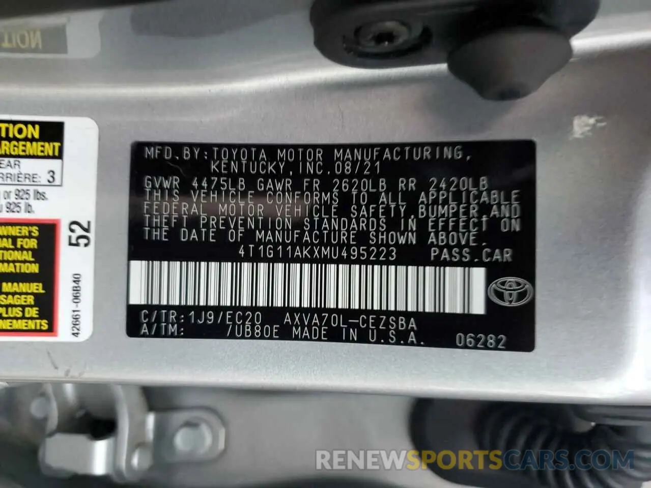 12 fotografías del automóvil dañado 4T1G11AKXMU495223 TOYOTA CAMRY 2021