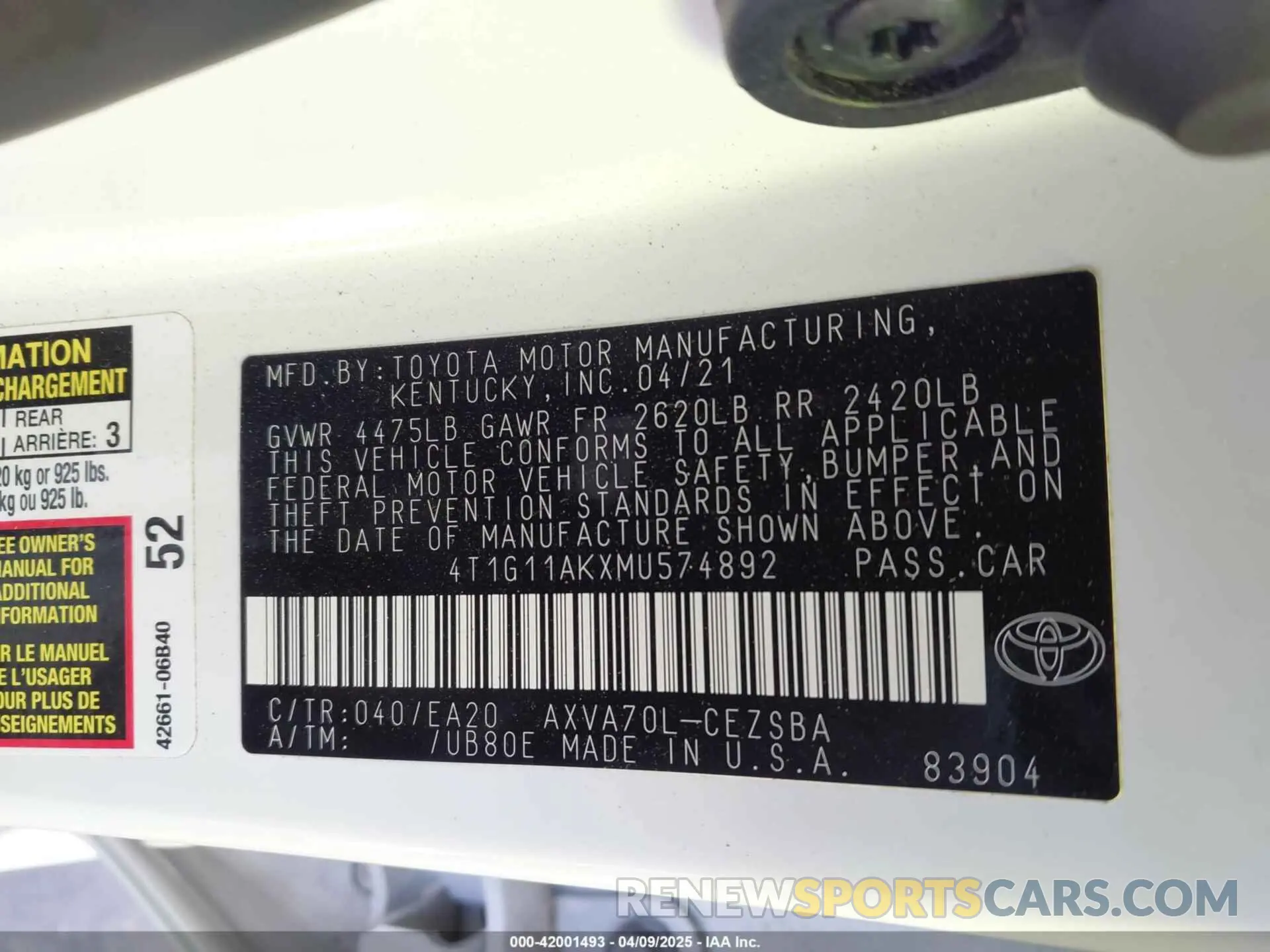 9 fotografías del automóvil dañado 4T1G11AKXMU574892 TOYOTA CAMRY 2021