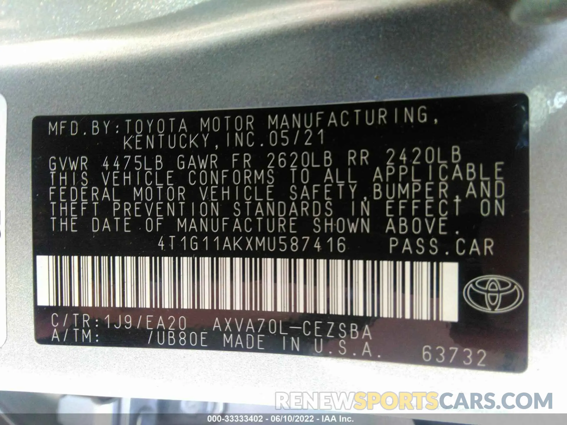 9 fotografías del automóvil dañado 4T1G11AKXMU587416 TOYOTA CAMRY 2021