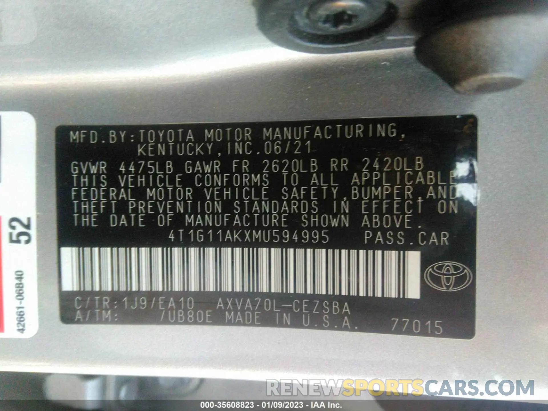 9 fotografías del automóvil dañado 4T1G11AKXMU594995 TOYOTA CAMRY 2021