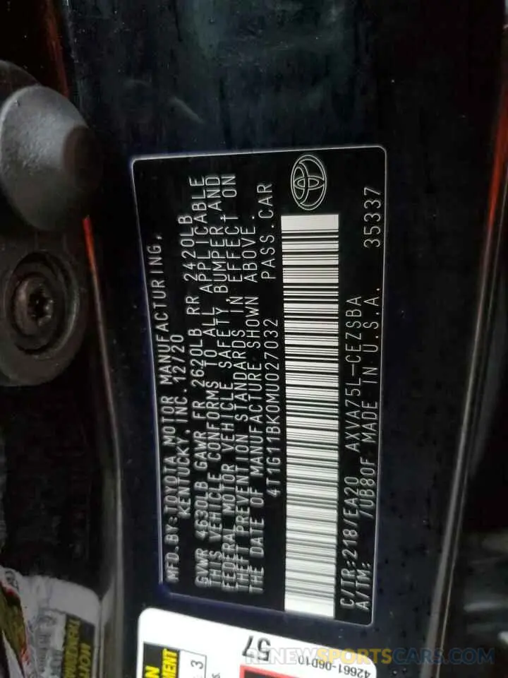 13 fotografías del automóvil dañado 4T1G11BK0MU027032 TOYOTA CAMRY 2021