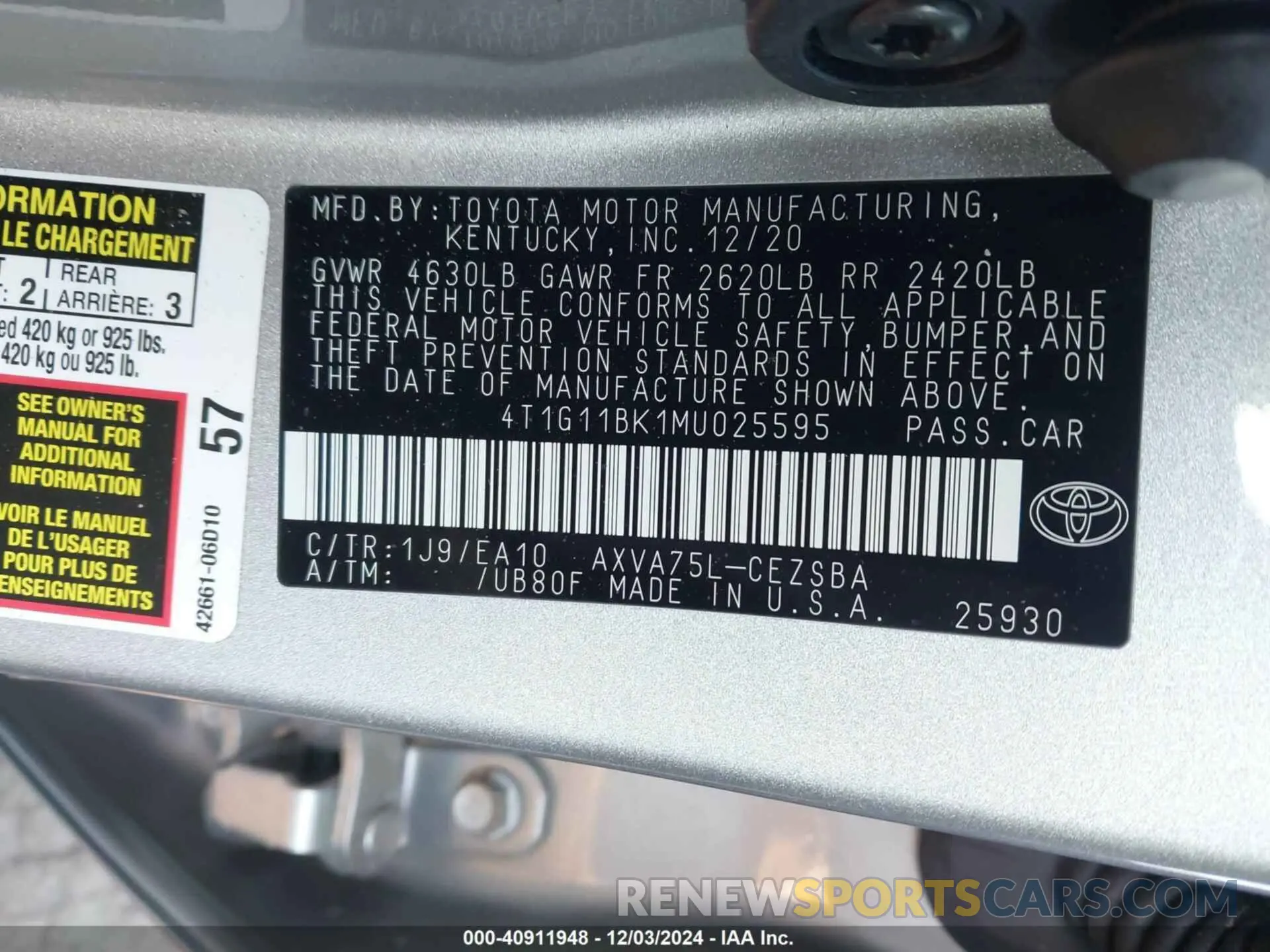 9 fotografías del automóvil dañado 4T1G11BK1MU025595 TOYOTA CAMRY 2021
