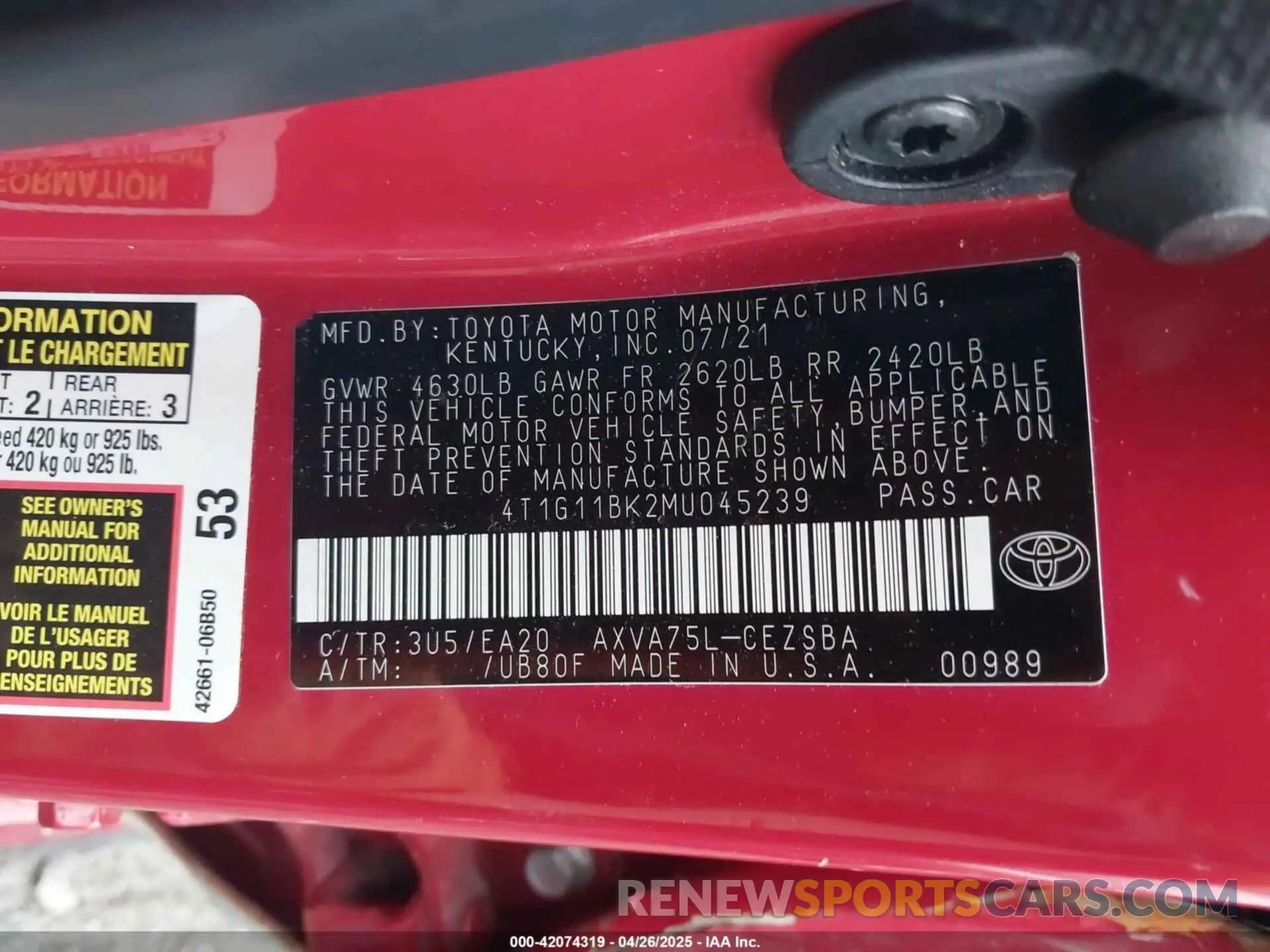 9 fotografías del automóvil dañado 4T1G11BK2MU045239 TOYOTA CAMRY 2021