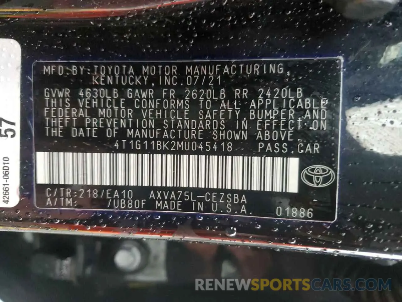 12 fotografías del automóvil dañado 4T1G11BK2MU045418 TOYOTA CAMRY 2021