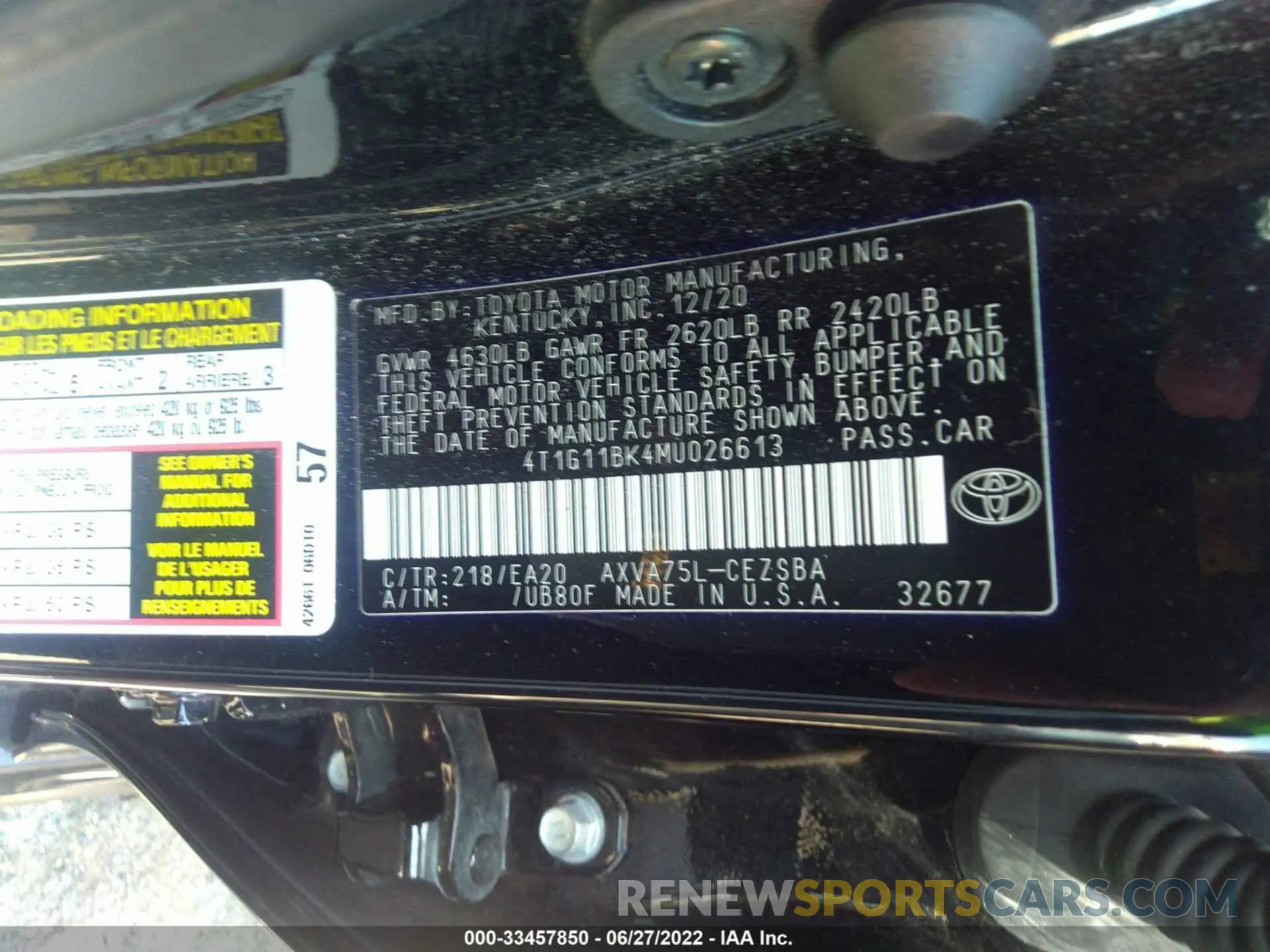 9 fotografías del automóvil dañado 4T1G11BK4MU026613 TOYOTA CAMRY 2021