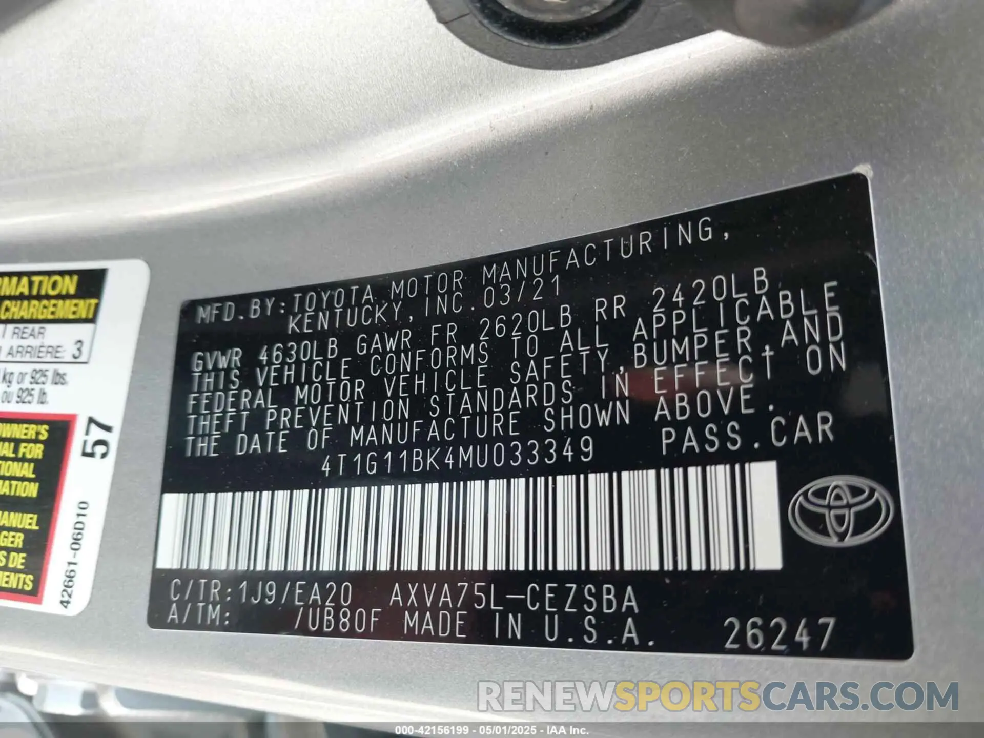 9 fotografías del automóvil dañado 4T1G11BK4MU033349 TOYOTA CAMRY 2021