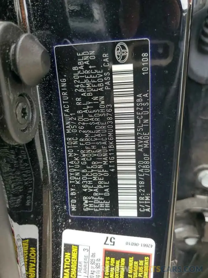 12 fotografías del automóvil dañado 4T1G11BK6MU038763 TOYOTA CAMRY 2021